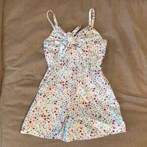 Girls Floral Tie-Front Romper - White with Pink & Blue Flowers